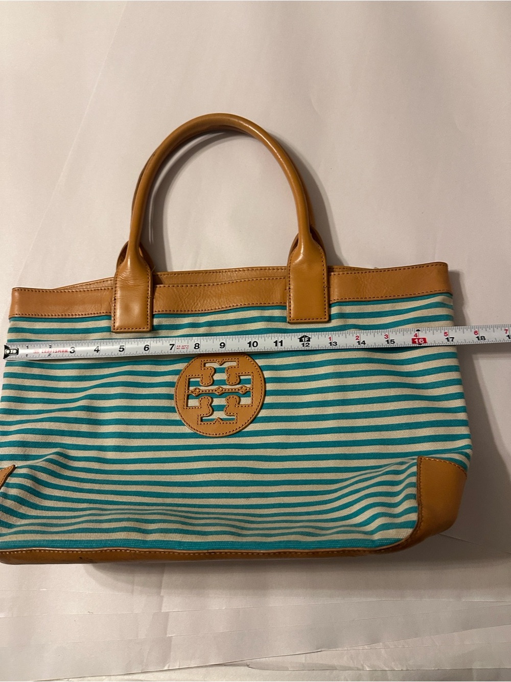 Tory Burch Teal and Cream Striped Canvas Small Sophia Tote with Tan Leather Trim - Picture 15 of 16